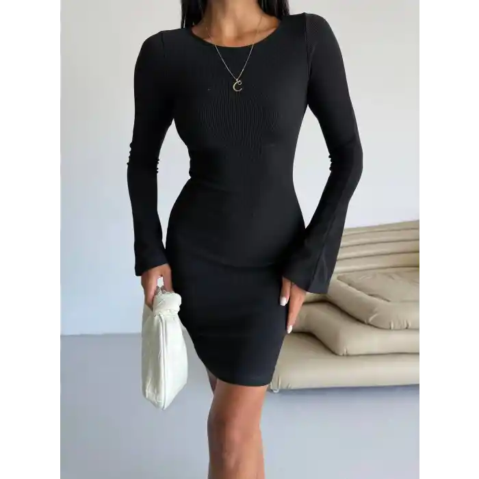 Prenses kol esnek kumaş elbise siyah f2334