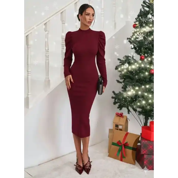 Prenses kol kaşkorse elbise bordo a3691