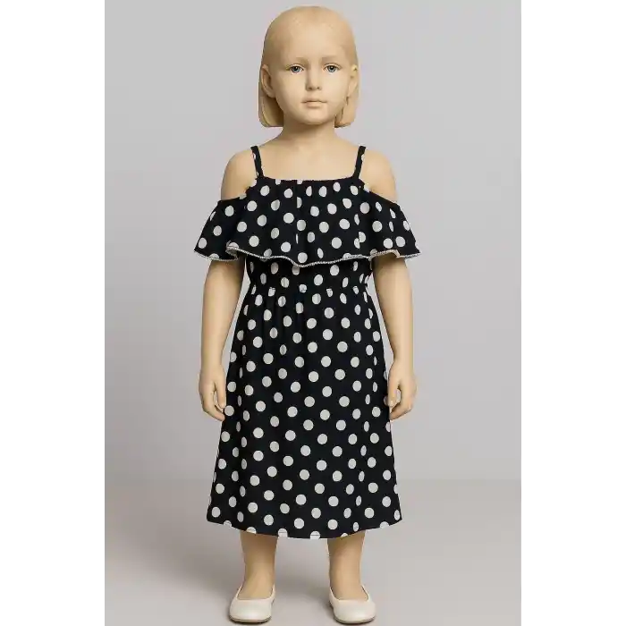 Puantiyeli askılı prenses elbise kız çocuk lacivert