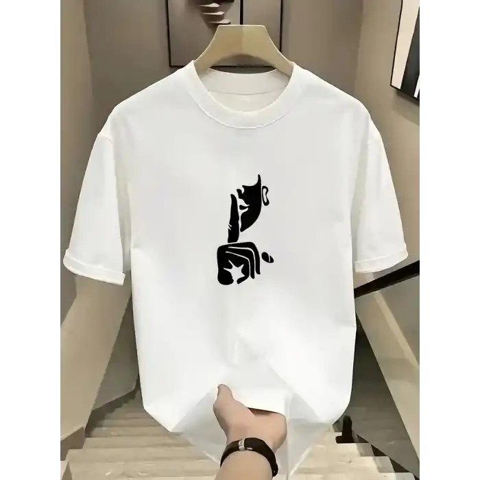 Rahat Bisiklet Yaka Tişört, Yaratıcı Karikatür Baskı - Yumuşak Polyester, Her Mevsim Giyilebilir- Beyaz