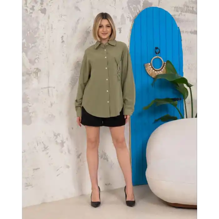 Relax fit keten gömlek haki s255349