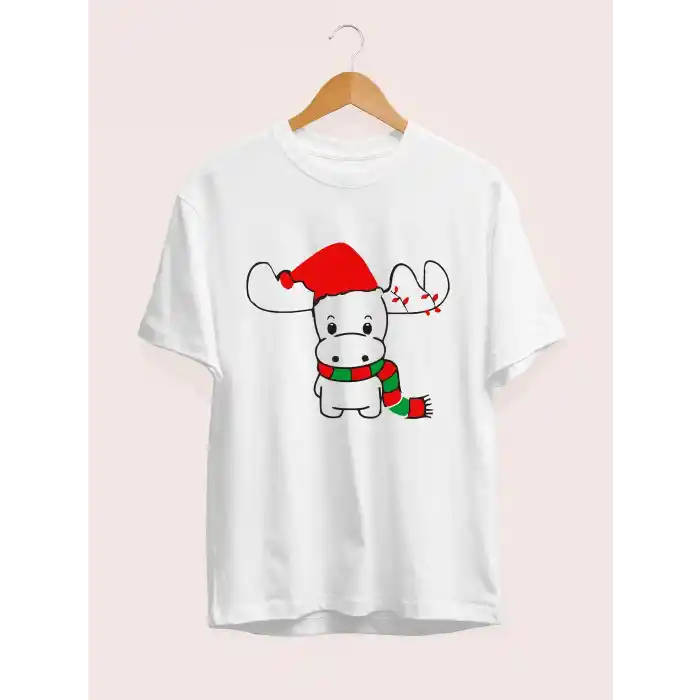 Ren Geyiği baskılı Noel İçin T-shirt - Beyaz