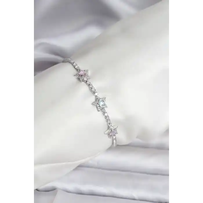 Renkli Yıldız Model Zirkon Taşlı Gümüş Renk Pirinç Su Yolu Kadın Bileklik