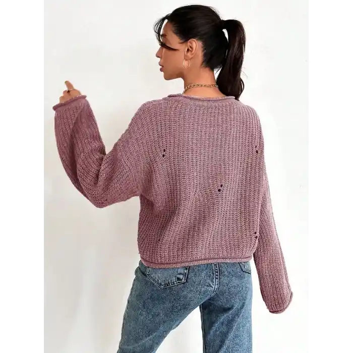 Salaş delik detaylı kazak pembe