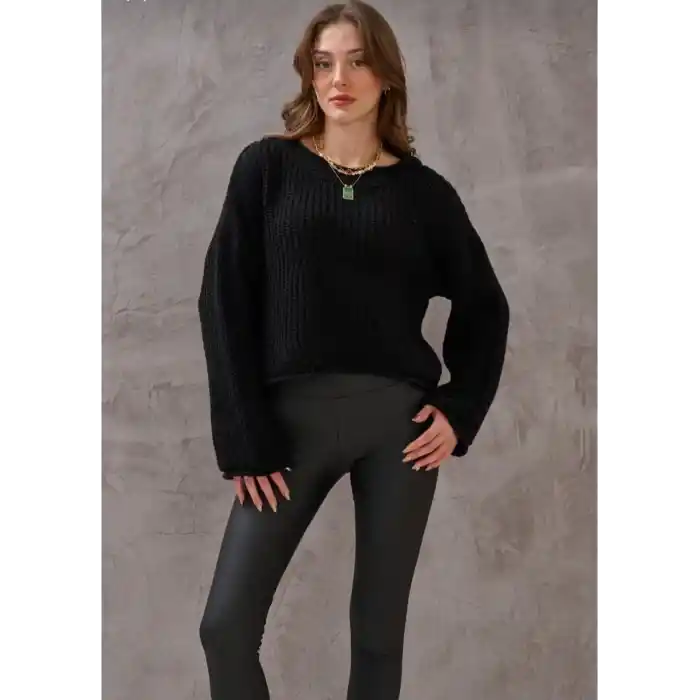 Salaş delik detaylı kazak siyah