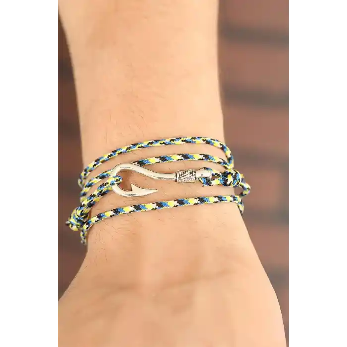 Sarı Mavi Çizgi Desenli Gümüş Renk Metal Kancalı Erkek Bileklik