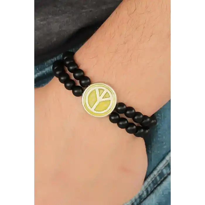 Sarı Metal Barış Simgesi Tasarımlı Siyah Renk Mat Oniks Doğal Taş Erkek Bileklik