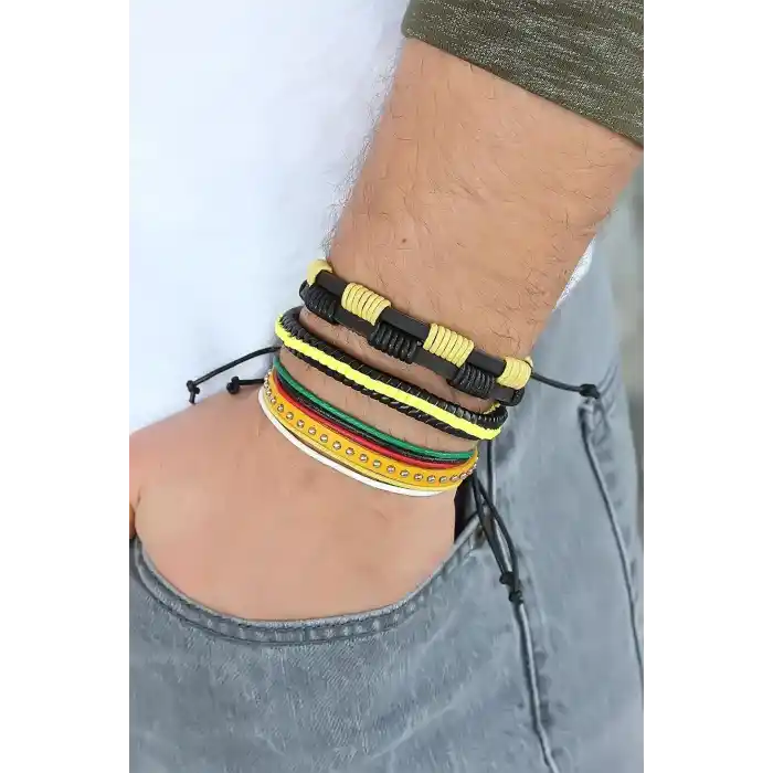 Sarı Renk Zımbalı Deri Erkek Bileklik Kombini