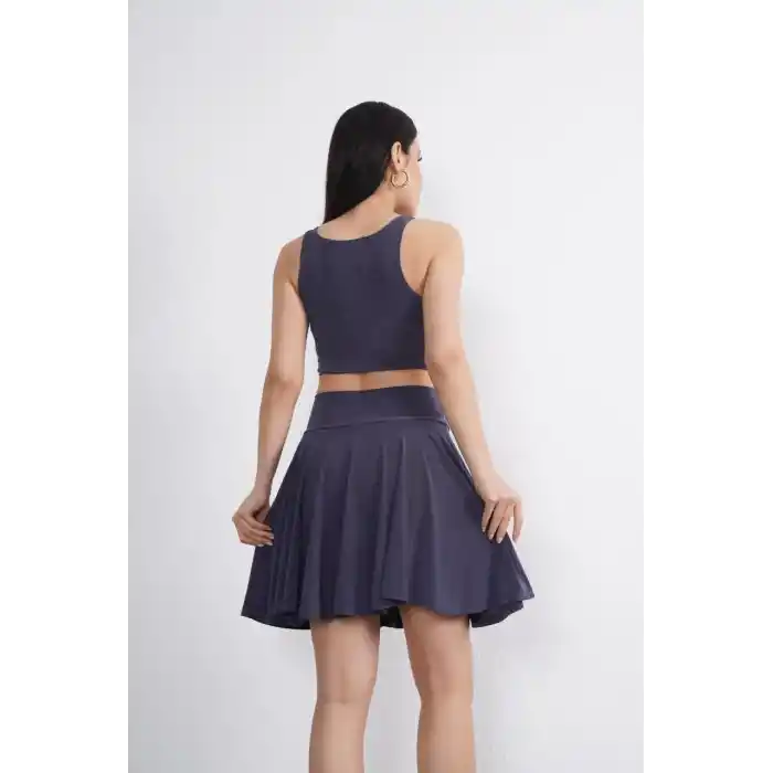 Sendy Kumaş Bisiklet Yaka Crop Şortlu Etek ikili Takım - Antrasit