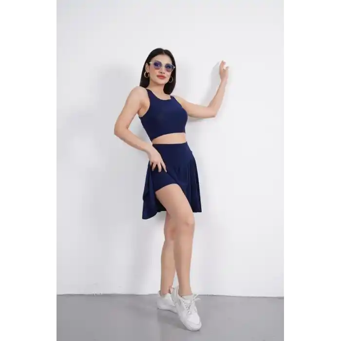 Sendy Kumaş Bisiklet Yaka Crop Şortlu Etek ikili Takım - Lacivert