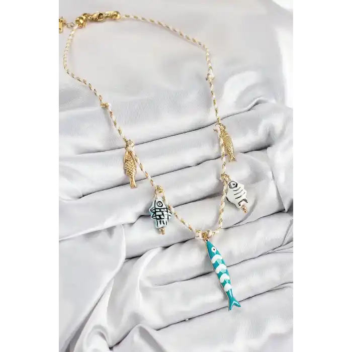 Seramik Motifli Balık Figürlü Model Krem İp Kadın Kolye