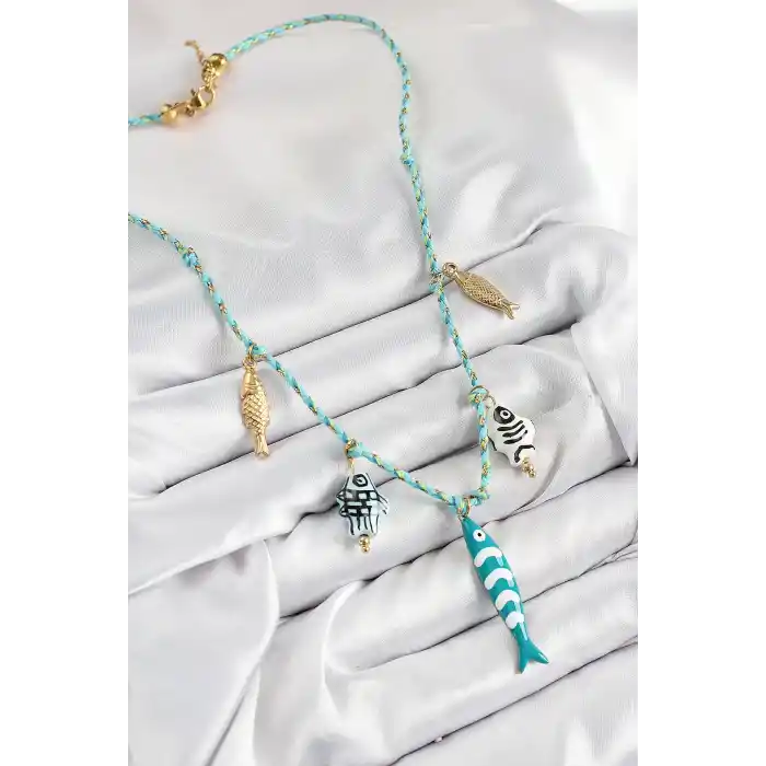 Seramik Motifli Balık Figürlü Model Mavi İp Kadın Kolye