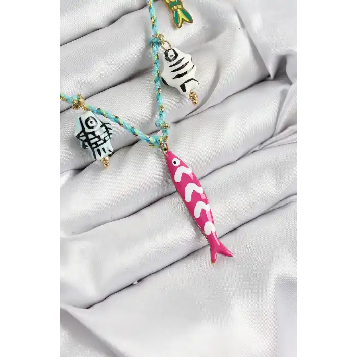 Seramik Motifli Pembe Balık Figürlü Model Mavi İp Kadın Kolye