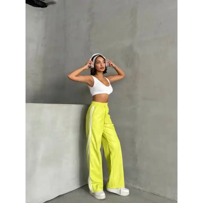 Şeritli deri pantolon yeşil h26430