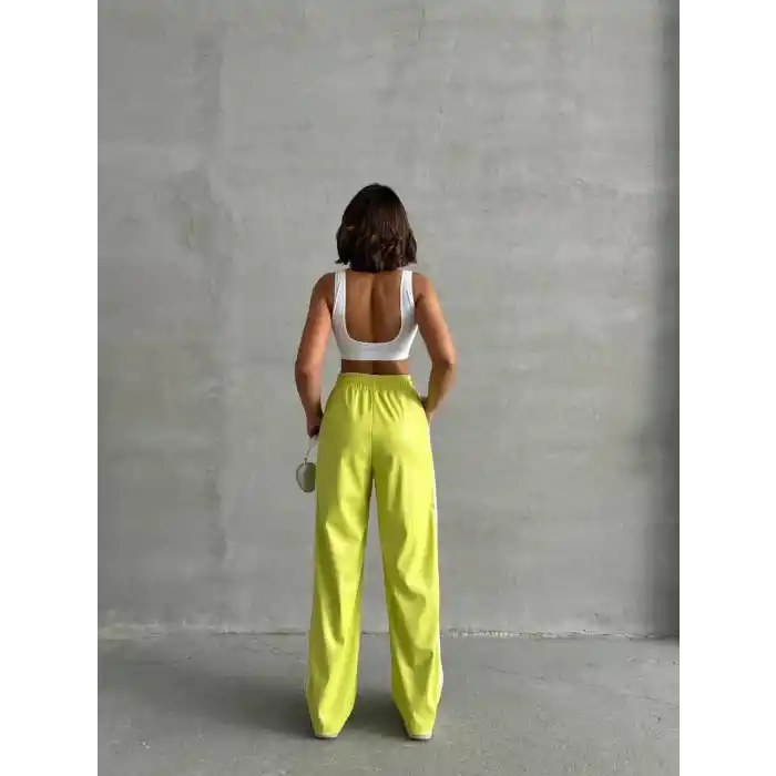 Şeritli deri pantolon yeşil h26430