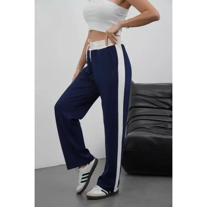 Şeritli garnili pantolon lacivert