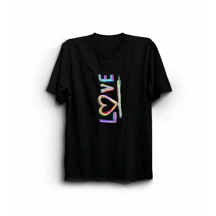 Sevgililer Günü İçin Özel Tasarım Love Baskılı T-shirt - Siyah