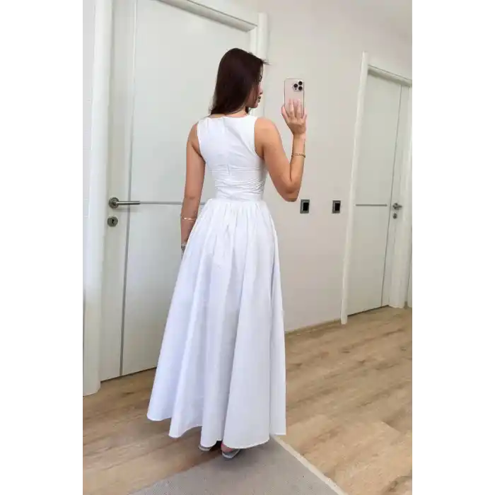 Sifir Kol Beli Oturtmalı Kolsuz Uzun Elbise - Beyaz