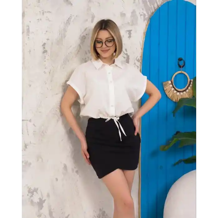 Sıfır kollu bağlamalı crop gömlek beyaz s255359