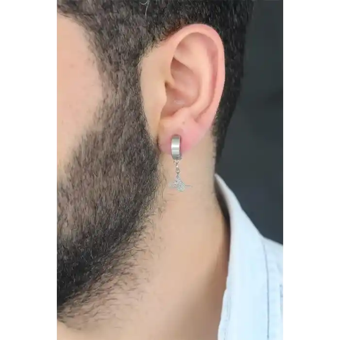 Silver Renk Kaplama Osmanlı Tuğra Figürlü Kıstırmalı Çelik Erkek Küpe