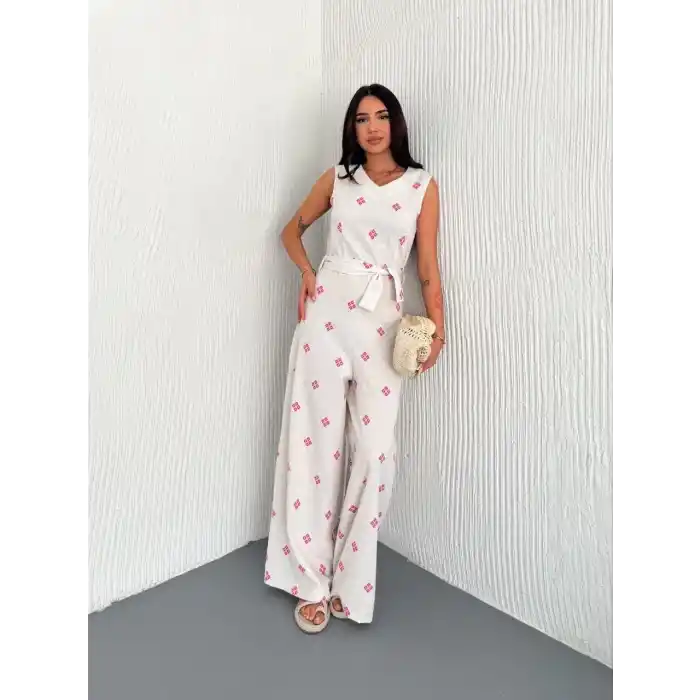 Sırt dekolteli keten beyaz tulum S1036