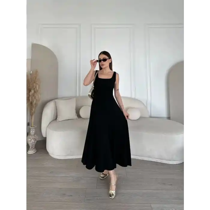 Sırt Dekolteli Kolsuz Uzun Elbise - Siyah