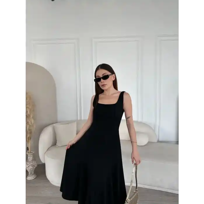 Sırt Dekolteli Kolsuz Uzun Elbise - Siyah