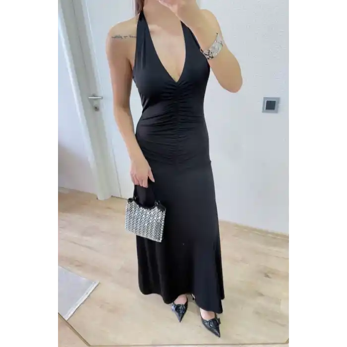 Sırt dekolteli Uzun Elbise - Siyah