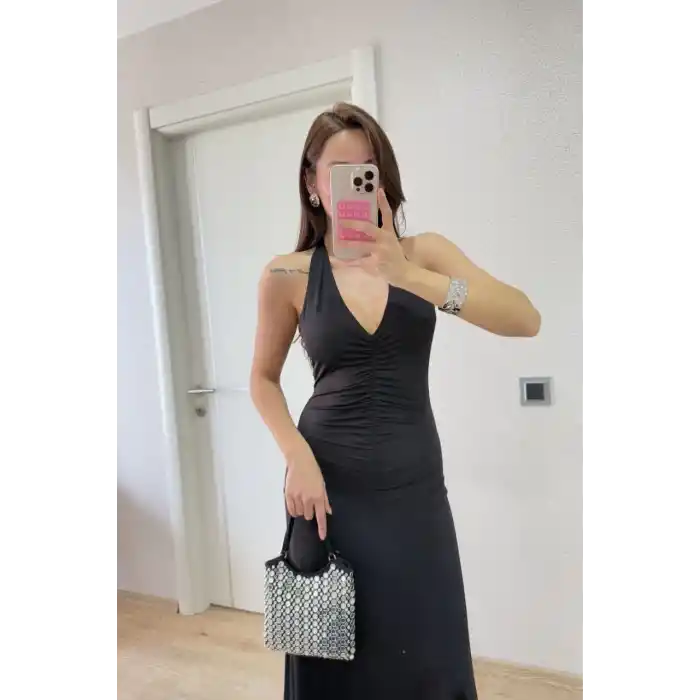 Sırt dekolteli Uzun Elbise - Siyah