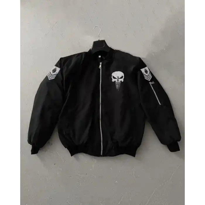 Siyah Askeri Tarz Bomber Mont – Unisex, Punisher Skull Detaylı, Fermuarlı, Cepli, Uzun Kollu, Bahar ve Kış Günlük Moda İçin Uygun - Siyah