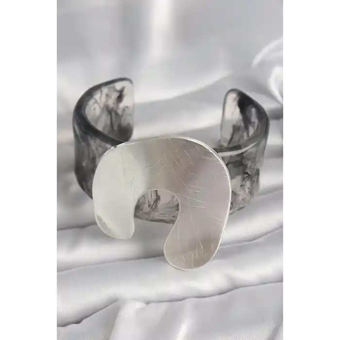 Siyah Mermer Desen Akrilik Plaka Vintage Kadın Bilezik