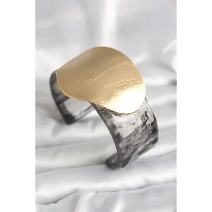 Siyah Mermer Desen Akrilik Plastik Gold Daire Plaka Model Vintage Kadın Bilezik