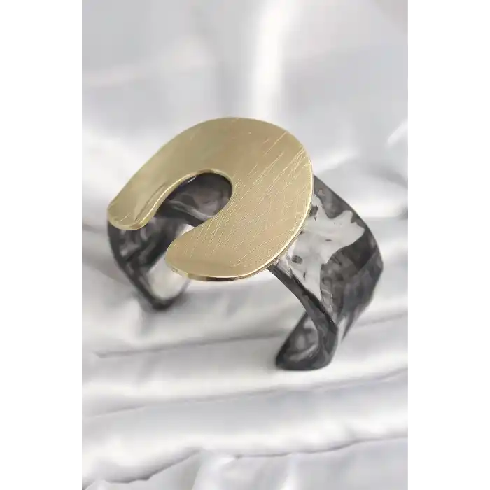 Siyah Mermer Desen Akrilik Plastik Gold Nal Model Plaka Vintage Kadın Bilezik