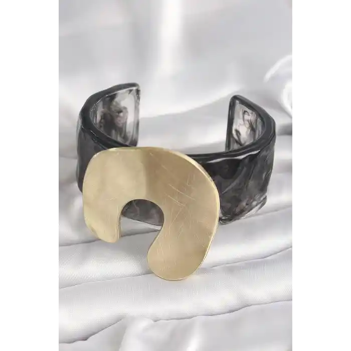Siyah Mermer Desen Akrilik Plastik Gold Nal Model Plaka Vintage Kadın Bilezik