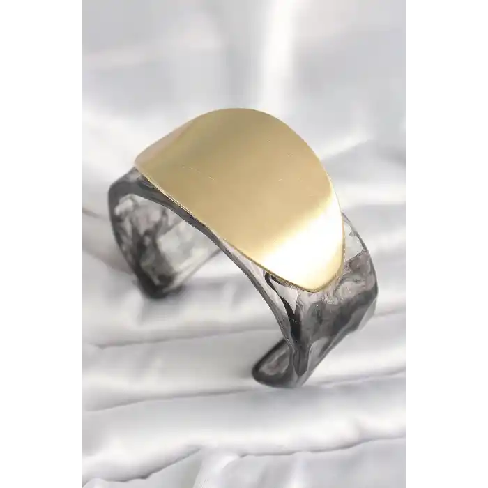 Siyah Mermer Desen Akrilik Plastik Gold Oval Plaka Model Vintage Kadın Bilezik
