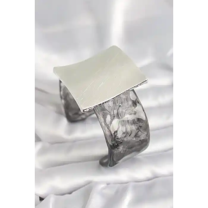 Siyah Mermer Desen Akrilik Plastik Gümüş Kare Plaka Model Vintage Kadın Bilezik