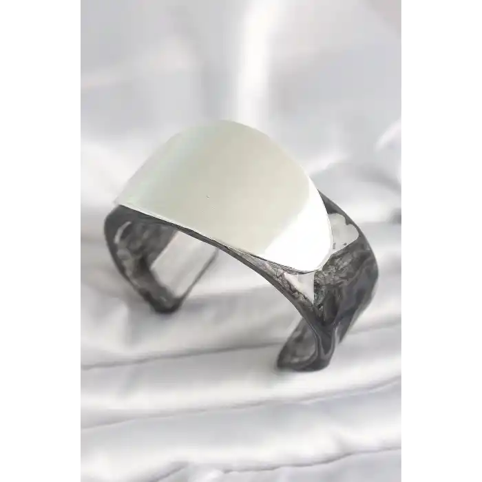 Siyah Mermer Desen Akrilik Plastik Gümüş Oval Plaka Model Vintage Kadın Bilezik