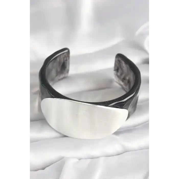 Siyah Mermer Desen Akrilik Plastik Gümüş Oval Plaka Model Vintage Kadın Bilezik