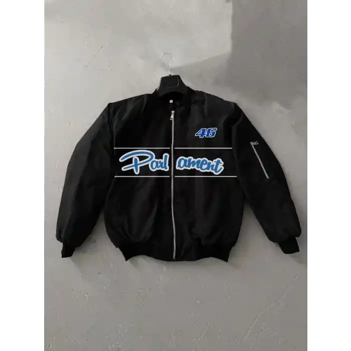 Siyah Parliament Bomber Mont – 46 Numara Detaylı, Fermuarlı, Cepli, Uzun Kollu, Spor ve Günlük Giyim İçin Rahat Unisex Mont - Siyah