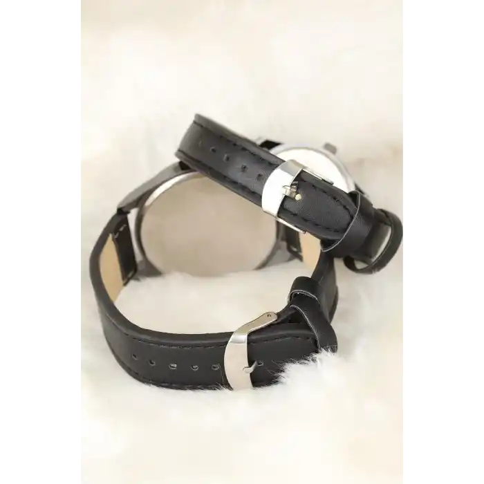 Siyah Renk Deri Kordonlu İstanbul Tasarımlı Sevgili Saatleri