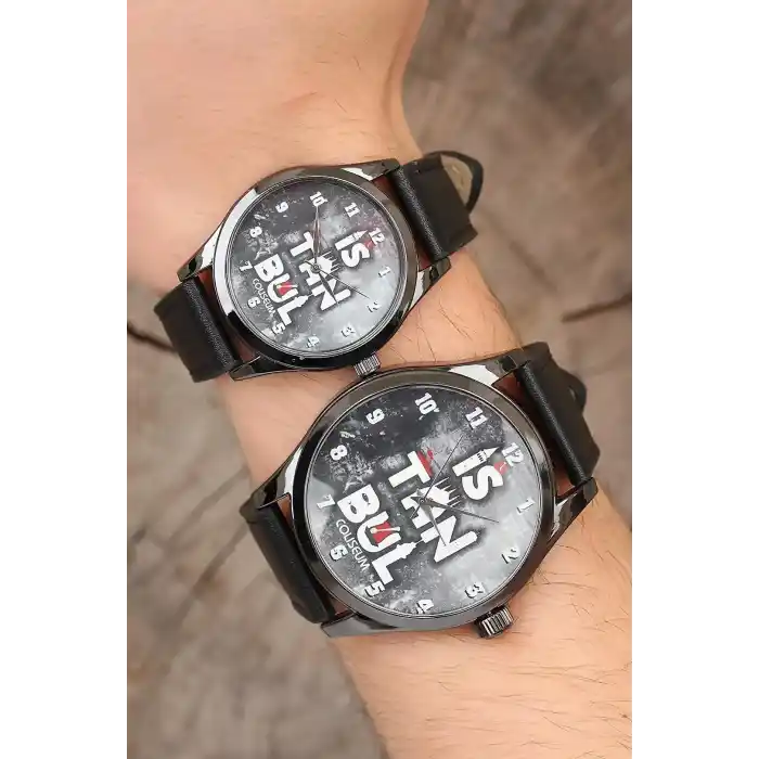 Siyah Renk Deri Kordonlu İstanbul Tasarımlı Sevgili Saatleri