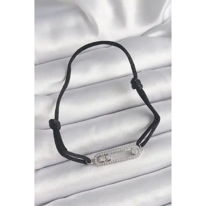 Siyah Renk İpli Asansör Zirkon Taşlı Gümüş Messika Model Kadın Bileklik