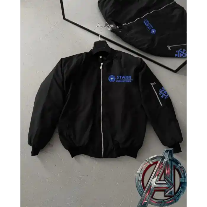 Stark Industries Siyah Bomber Mont – Fermuarlı, Cepli, Uzun Kollu, Kapitone Astarlı, Bahar ve Kış Mevsimi Rahat Unisex Ceket - Siyah