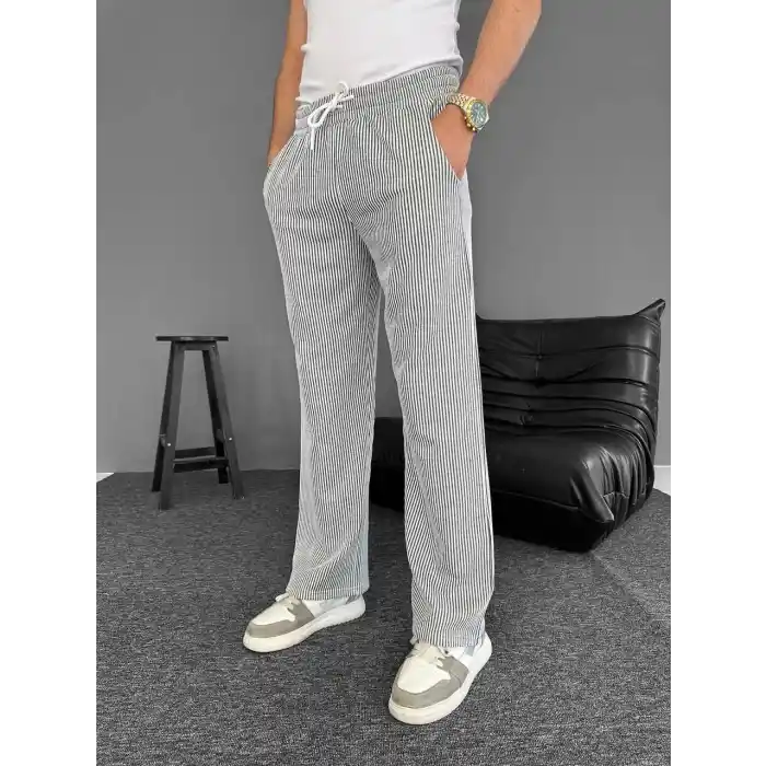 Su Yolu Çizgili Cepli Pantalon Yazlık - Gri