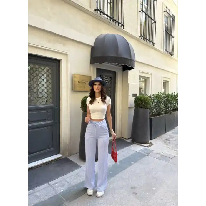 Su Yolu Çizgili kolay Kombinle Ne Bilir Cepli Pantolon - Açık Mavi