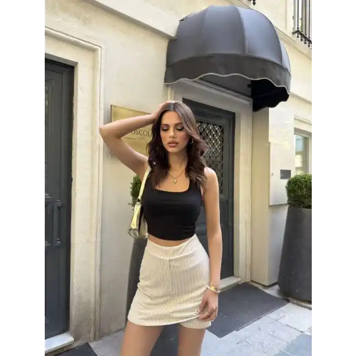 Su Yolu Çizgili kolay Kombinle Ne Bilir Mini Boy Etek - Bej