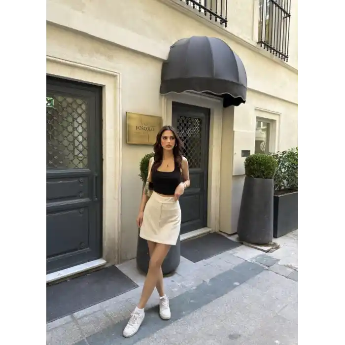 Su Yolu Çizgili kolay Kombinle Ne Bilir Mini Boy Etek - Bej