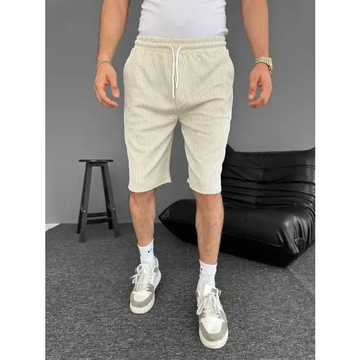 Su Yolu Çizgili Ön Arka Cepli Şort Yazlık Nefes Alabilir - Bej