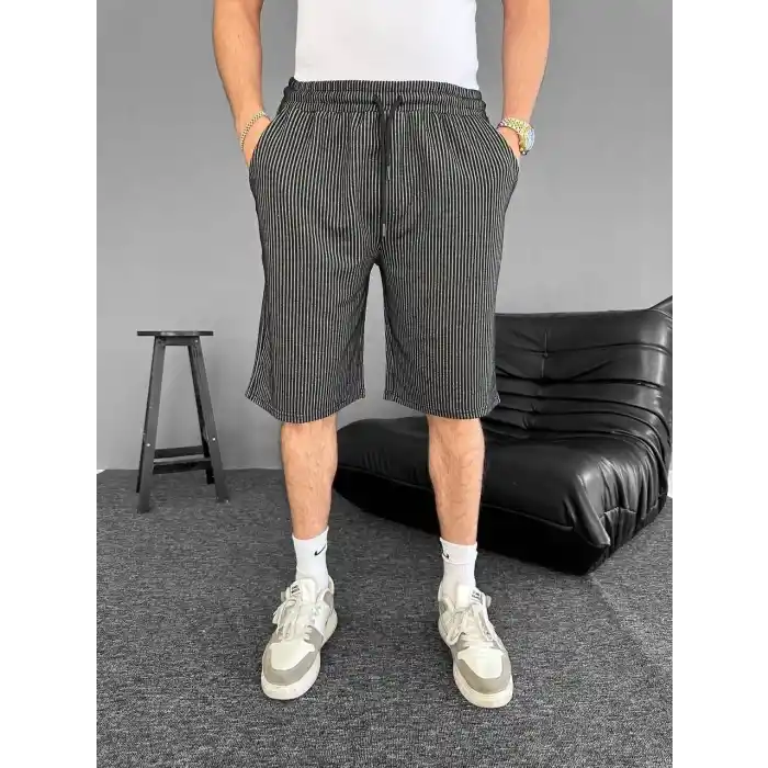 Su Yolu Çizgili Ön Arka Cepli Şort Yazlık Nefes Alabilir - Siyah