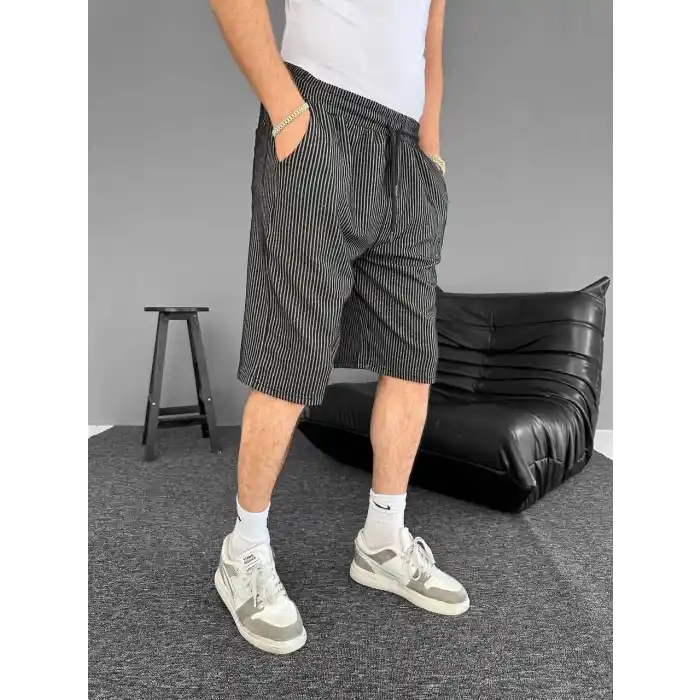 Su Yolu Çizgili Ön Arka Cepli Şort Yazlık Nefes Alabilir - Siyah